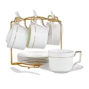 Porcelain Cappuccino Cup with Saucers and Metal Stand, Coffee Cups Set of 6, ...