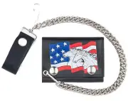 GENUINE LEATHER USA FLAG HORSES HEAD TRI-FOLD MEN WALLET W SNAP ON CHAIN GI586