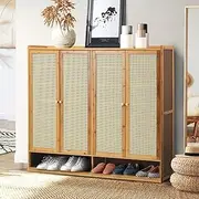 [OIKITURE] Shoe Storage Cabinet with Rattan Door and 6 Tier Shelves Shoe Rack Storage Hallway Wooden