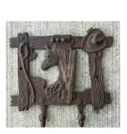 Rustic Cast Iron Horse Head Hanger Coat Hat Key Rack Western Tack Double Hook
