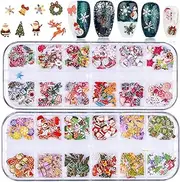 Kalolary 2 Boxes Christmas Nail Art Sequins Sticker, 3D Santa Claus Snowflake Elk Decals for Acrylic Nails, Christmas Tree Wood Pulp Glitter Flakes for Winter Nail Art Decorations