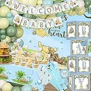 164PCS Blue Winnie Baby Shower Decorations Classic Pooh Birthday Party Supplies Set Package Include Balloons Backdrop Cake Topper Cupcake Toppers Cupcake Stand Tablecloth Baby Boxes Decor