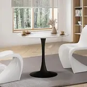 Oikiture 90cm Dining Table with Marble Top and Metal Leg, Round Kitchen Table White and Black
