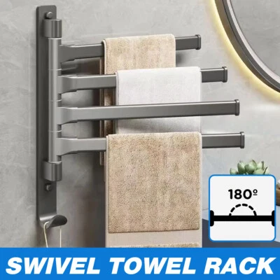 Rotating Towel Rack Wall Mounted Bathroom Shelf Multi Rod Swivel Towel Holder