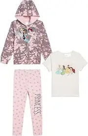 [Disney] Princess 3-Pc Pants Set for Girls, Cinderella, Snow White, Jasmine, Ariel and More Zip-Up Hoodie, T-Shirt, Pants Set