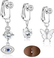 [FASHGOOD] 3Pcs Fake Belly Ring,Heart Butterfly Fake Belly Piercing,Clip On Belly Ring,Evil Eye Long Pendant Fake Navel Ring Non Piercing,Silver Belly Button Piercing Jewellery