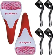 Rollnewskin 0.2mm Derma Roller Set: 2 PCS Ice Roller + 4 PCS Titanium Microneedle Rollers for Face, Body, Beard Growth - Home Skin Care Bundle for Puffiness, Migraine Relief, Minor Injuries & (Red)