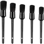 Car Detailing Brush,5 Pcs Premium Natural Boar Hair Detail Brush Set Automotive Detailing Brushes, for Clean Car Detail, Air Vent,Gap, Cup Holder, Baffle, Seat, Wheel (Black)