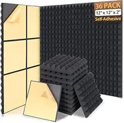 AUSLET 36 Pack Sound Proof Foam Panels for Walls 12" X 12" X 2" Pyramid Acoustic Foam Panels with Self-Adhesive High Density Soundproof Wall Panels for Studio and Home