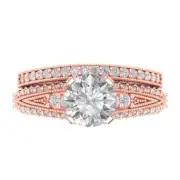 2.1 Round Cut Pave Real Moissanite Promise Bridal Ring Band set 14k Rose Gold