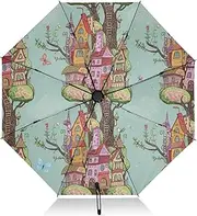 [RPLIFE] Compact Umbrella, Windproof Umbrella, Automatic Open/close, Compact Size for Women Backpacks/Handbags, Cartoon Tree House