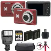 Kodak PIXPRO FZ55 Digital Camera (Red) + Extra Battery + Flash - 64GB Kit