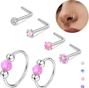 [Florideco] 6PCS Opal Nose Rings for Women 8mm& 10mm Surgical Steel Nose Ring Hoop L Shaped Nose Rings Studs Hypoallergenic Nostril Septum Cartilage Helix Nose Piercing Jewelry 18G 20G