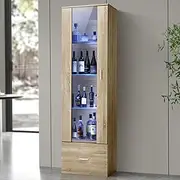 Oikiture Display Cabinet Buffet Sideboard LED Light High Gloss Cupboard Natural