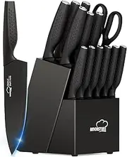 Knife Set, 15 Pieces Kitchen Knife Set with Block Built in Sharpener, Dishwasher Safe, German Stainless Steel Knife Block Set, Elegant Black