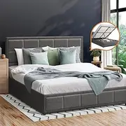 OIKITURE Queen Bed Frame Queen Size Gas Lift Platfrom Home Bedroom Furniture Grey Fabric
