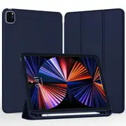 For Apple iPad Pro 12.9 2022 /2021 Pencil Holder Case, iPad Pro 5th Generation 2021 Leather Smart Cover (Navy Blue)