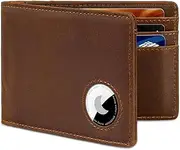 [BROSHOPP] AirTag Wallet Men, Bifold Genuine Leather Rfid Blocking AirTag Wallet with Cash Slots ID Window, Compatible Apple Air Tag Holder, Brown, Retro