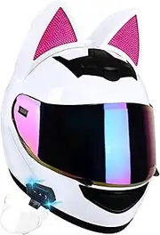 Bluetooth Motorcycle Full Face Helmet Girls Cat Ears Personalized Helmet with Removable Cat Ears Motorcycle Full Face Helmet for Street Racing Motocross DOT/ECE Approved