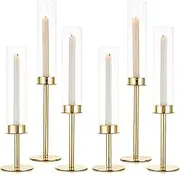 Gold Taper Candle Holder: 6 Pcs Tall Candleholders - Hurricane Candle Sticks Holder for Wedding Christmas Party Table Centerpiece