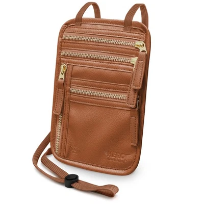 HERO Neck Wallet, RFID Blocking Vegan Leather Passport Holder & Pouch (Tan)