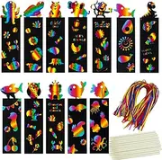 100Pcs Scratch Art Bookmarks Making Kit for Kids,Scratch Paper DIY Animal Bookmarks Bulk with 100 Pcs Colorful Ribbons and 50 Pcs Wood Stylus for Classroom Activities Party Favors Gifts