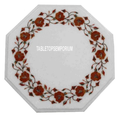 12" White Marble Octagon Corner Side Table Top Marquetry Carnelian Inlay Decor
