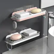 2 Pack Bathroom Double Row Drain Soap Box with Hook Home Wall Stick Soap Holder