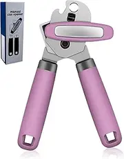 Can Opener with Oversized Easy-Turning Knob, Effort-Saving Manual Handheld Multifunctional Bottles Opener, Soft Touch Handle, Stainless Steel Sharp Cutting Blades, Pink
