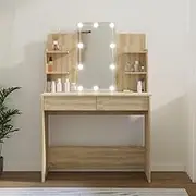 Sleek Sonoma Oak Dressing Table with LED Lights - Engineered Wood Makeup Vanity 96x40x142 cm, USB Powered & Spacious Storage
