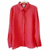 Nicole Miller 100% Linen Button Front Top Coral Purple Striped Size Medium