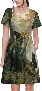 [EdWal] Black Bears Print Womens Sundress Summer Floral Short Sleeve Wrap Round Neck A-Line Midi Dress Summer