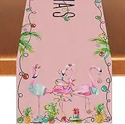 Linen Pink Flamingo Christmas Table Runner Beach Christmas Tablecloth Hawaliian Tropical Christmas Decorations and Supplies for Home Table-13×72''