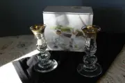 2 CRYSTAL CLEAR GLASSWARE LEGACY PLATINUM AND GOLD 5.5" Candlesticks