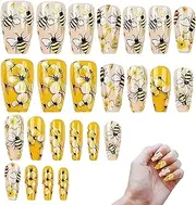 Bees and Flowers Gl-am Nails, 12PCS Spring Floral Press-Ons, 3D Honeycomb Texture, 24 pieces, Vibrant Spring-Proof Design, Size-Inclusive Confidence for Shopping Dance Stage