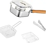 FytStycale Small Deep Fryer, Pot Lid, Deep Fryer with Basket, Stainless Steel Outdoor Frying Basket, Cooking Pot for Chicken Stews, Vegetables, White Lid