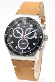 New Swiss Swatch IRONY Disorderly Chrono Leather Date Watch 44mm YVS424 $190