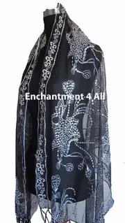 Elegant Oblong Lace Floral Art Scarf Wrap w/ Sequin Black/silver