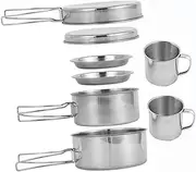 TOGEVAL 1Set Multi Purpose Camping Cookware with Handles for Outdoor Cooking Hiking and Picnics Includes Stew Pot Frying Pan Plates and Cups