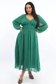 Green Midi Dress Long Sleeve Chiffon
