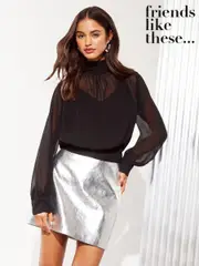 Friends Like These Black Shirred Belted Back Chiffon Blouse (E30530) | $59