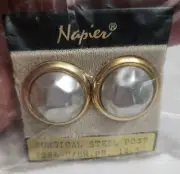 Napier Vintage Peirced Earrings 1" Round Silver Gray / Gold Tone New 80s NOS