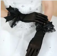 在飛比找Yahoo!奇摩拍賣優惠-新娘黑色紗網蝴蝶結手套禮服旗袍包指蕾絲花邊結婚婚紗短款手套