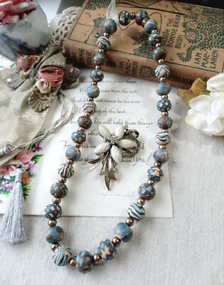 NWT Donna Sharp Clay Bead Necklace, NWOT Floral Crystal Pin, Antiqued Brasstone
