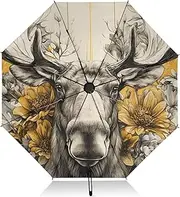[PDZRMY] Moose Flower Cute UV Protection Travel Umbrella Compact for Rain and Sun - Auto Open and Close UPF 50+ Windproof Portable 46” Sun Umbrella for Women and Men