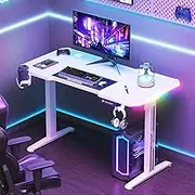 Ufurniture Standing Desk, Gaming Desk with LED Lights, Electric Height Adjustable Sit Stand Desk, Carbon Fiber Desktop, with Hook Cup Holder and Memory Lifting, Home Office Computer Desk White, 120cm
