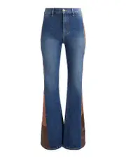 Alice and Olivia High Rise Faux Leather Patchwork Flare Jeans in Darby Vintage Blue