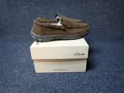 NEW Clarks Suede Plaid Berber Lined Moccasin Slippers Brown Men's 8 (SS38)