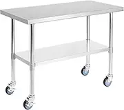 Simplus 1800x600mm Stainless Steel Kitchen Bench 430 Food Grade Workbench Food Prep Table w/Wheels Commercial Heavy Duty Table for Restaurant, Home and Hotel, Silver