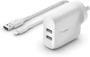 Belkin WCD001au1MWH Dual USB Charger 24W and Lightning Cable (Dual USB Wall Charger for iPhone SE, 11, 11 Pro, 11 Pro Max, XS, XS Max, XR, X, 8, iPad, AirPods, more), White